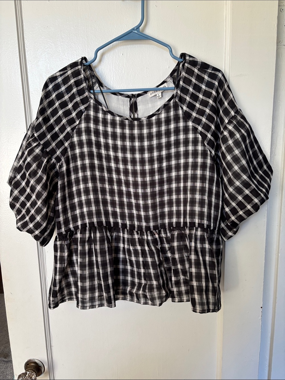 Moon River Black and White Plaid Peplum Blouse
